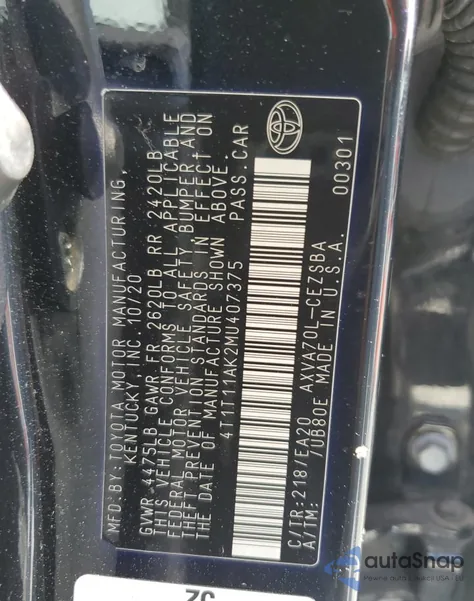 2021 Toyota Camry Se из США, поврежденный, VIN 4T1T11AK2MU407375